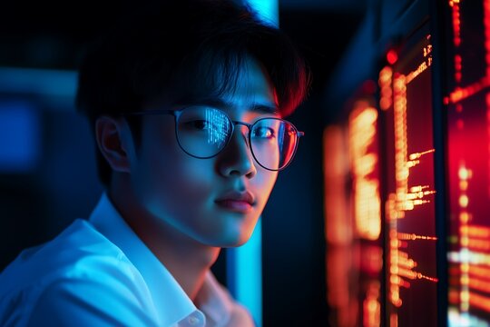 asian young IT Computer specialist analysing artificial intelligence digital threats to consumer data & privacy breach