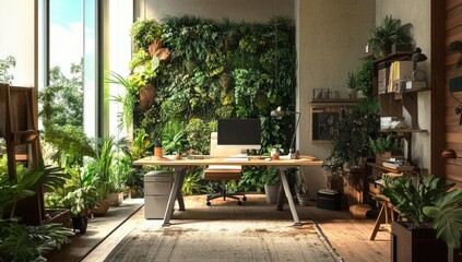 Obraz premium Modern home office with a green wall and plants.
