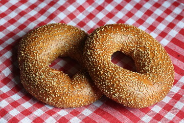 turkish bagels or simit on checkered table cloth