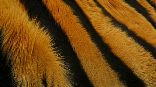 Tiger fur background. Fluffy fake hair texture. Beautiful natural material close up. Animal wool closeup. Luxurious rug. Abstract 3D animation slow motion. Exotic orange pattern stripes. Macro view.