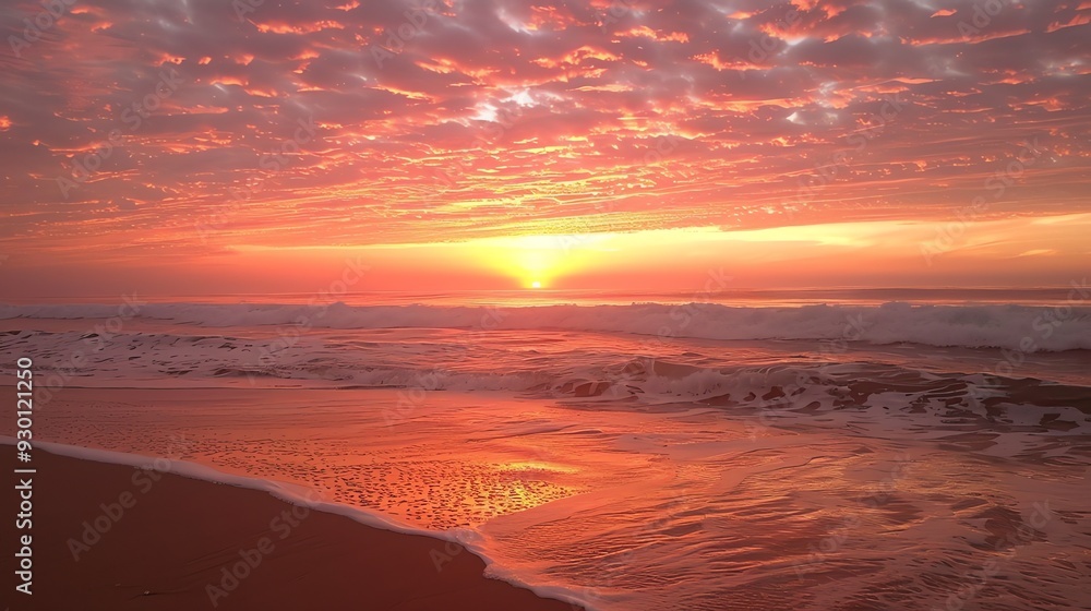 Wall mural A fiery sunset over the ocean, with waves crashing on the sandy shore.