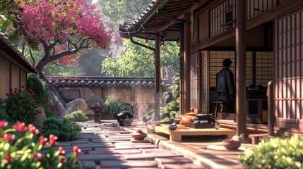 Obraz premium Design a 3D scene of a samurai in a traditional tea house, capturing the cultural aspect of his life and the intricate details of the setting.