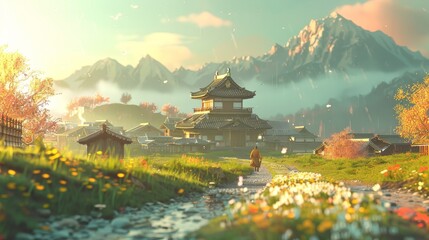 Obraz premium Design a 3D scene of a samurai returning home after battle, with a peaceful village in the background and a sense of relief and accomplishment