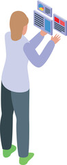 Businesswoman managing virtual windows with financial data isometric illustration