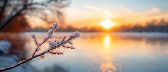  The sun sets over a water body, featuring a tree branch in the foreground and a larger expanse of water behind