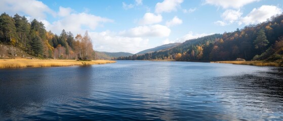 Obraz premium A scenic body of water, encircled by trees, and a distant hill crowned with clouds in a clear blue sky