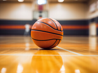 Obraz premium Basketball on court floor, close-up with a blurred sports arena backdrop