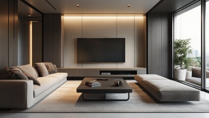 Modern living room with couch, TV, rug, and plant.