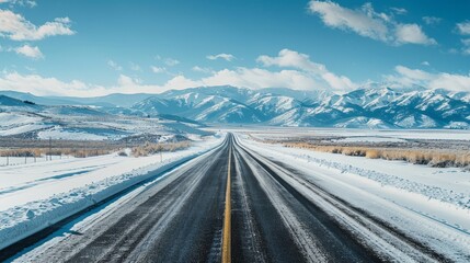 Design a straight, deserted road cutting through a snowy landscape, highlighting the stark beauty and solitude of winter.