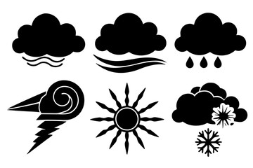 Popular Cloud and Weather Silhouette Vector Set: 6 Atmospheric Icons Including Sun, Snowflake, Tornado, and More