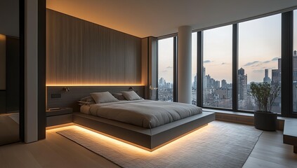 Modern bedroom with city view and illuminated bed.