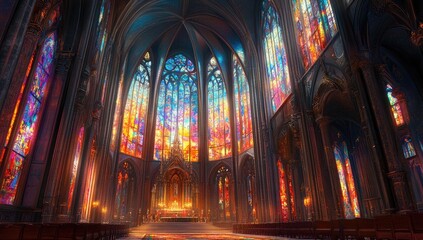 A church interior with stained glass windows.