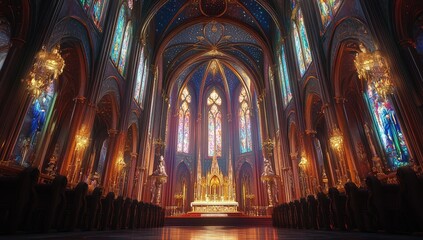 Ornate church interior with stained glass windows.
