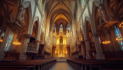 Obraz premium Ornate church interior with stained glass and pews.