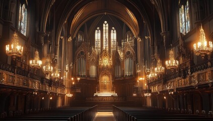 Fototapeta premium Ornate church interior with stained glass windows and pews.