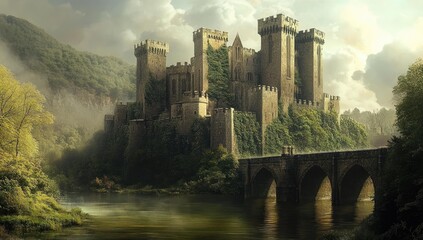 A stone castle stands by a river and bridge.
