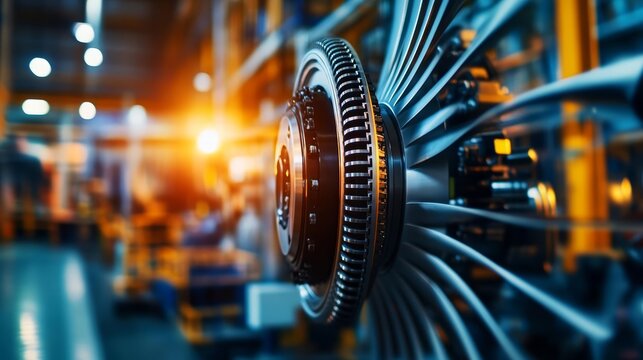 Detailed close-up of a gas turbine in a combined cycle power plant, showcasing the intricate blades and engineering precision
