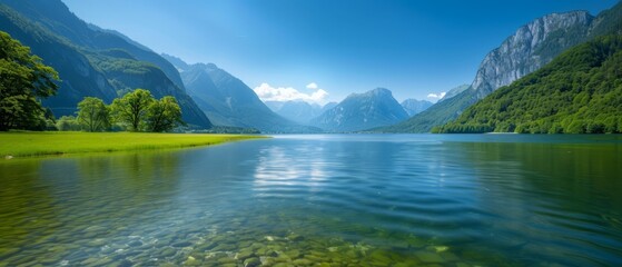 Fototapeta premium A tranquil valley, encircled by majestic mountains, houses a verdant expanse of green grass In the foreground lies a serene lake nestled amongst the l