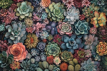 A botanical print featuring a variety of succulents, showcasing their unique shapes and colors in a detailed illustration.
