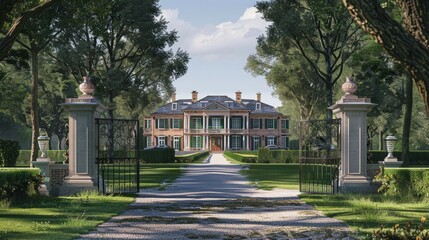 Obraz premium Design an image of a historical estate exterior with sprawling lawns, grand gates, and classic architectural features, emphasizing heritage and grandeur.