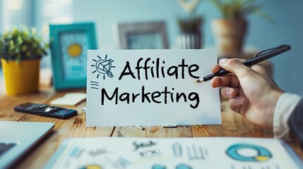 A hand holding a pen over a paper with "Affiliate Marketing" written on it, against a modern office background