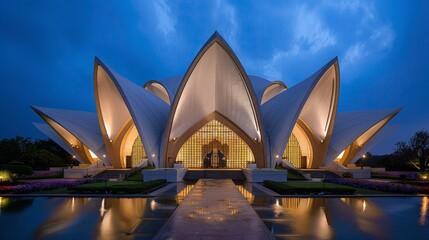 Design an image of the innovative design of the Lotus Temple in New Delhi, with its petal-shaped structure and serene atmosphere.