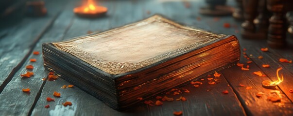 A mystical book rests on a wooden table, surrounded by candles and petals, evoking a sense of enchantment and ancient knowledge. © Thanapipat