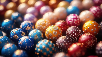 Fototapeta premium A vibrant array of colorful decorative balls featuring intricate patterns and shimmering details, perfect for festive occasions.