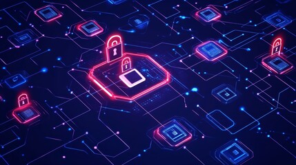 Illustrate a complex cybersecurity landscape with interconnected nodes and secure firewalls in a vibrant tech environment