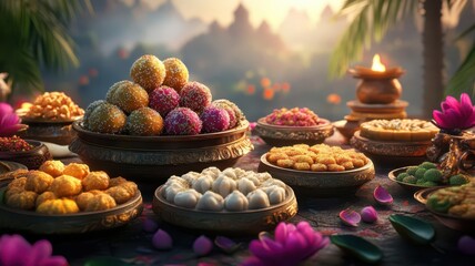 An enticing display of colorful sweets on a table, surrounded by flowers and soft lighting, perfect for festive celebrations.