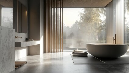 Modern bathroom with large window and freestanding tub.