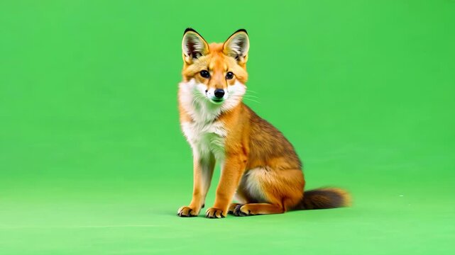 Cute little orange fox sits on chromakey background. Sly red fox in green screen studio. Wild animal portrait, look at camera on isolated chroma key backdrop. Beautiful smart creature.