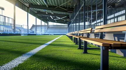 Naklejka premium Detailed perspective of the dugouts and technical area on a football field.