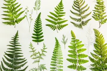 Fototapeta premium A botanical print of different types of ferns, showcasing their unique leaf shapes and intricate details.