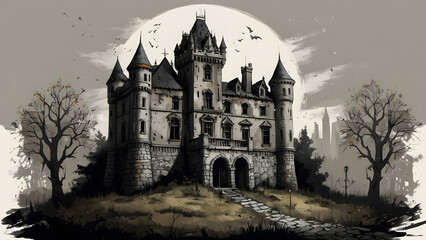Obraz premium Old abandoned castle on a hill around old dark trees against the moon