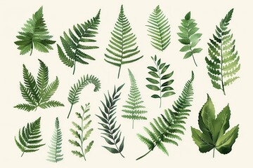 A botanical print of different types of ferns, showcasing their unique leaf shapes and intricate details.