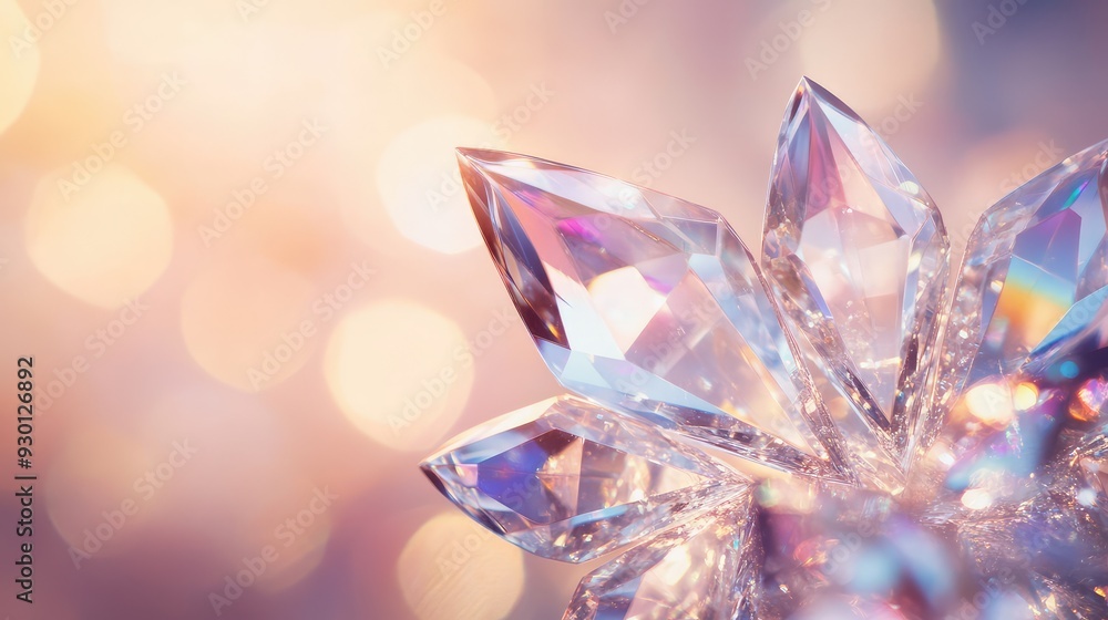 Wall mural close-up of a sparkling crystal with intricate facets reflecting soft, dreamy hues against a blurred