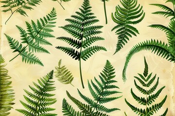 A botanical print of different types of ferns, showcasing their unique leaf shapes and intricate details.