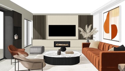 Modern living room with fireplace and orange sofa.