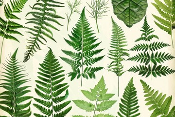 A botanical print of different types of ferns, showcasing their unique leaf shapes and intricate details.