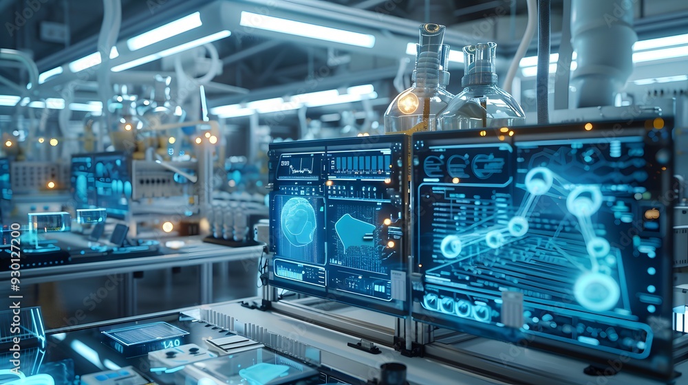 Poster a creative representation of programmable nanobots being configured to perform specific tasks, set i