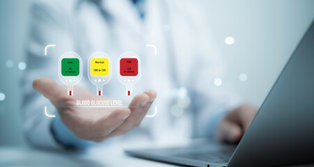 Medical worker holding of virtual screen of measuring mg-dl blood glucose levels. Low blood glucose, normal blood glucose, high blood sugar on the glucose meter display.