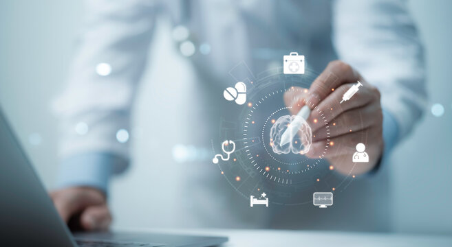 Medical worker touching with virtual human brain with healthcare medical icon and treatment report concept. Health and access to welfare health. Telemedicine concept. Mental health care in futuristic