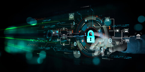 Person touches virtual shield; representing secure access and encrypted connections; with...