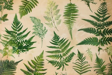 A botanical print of different types of ferns, showcasing their unique leaf shapes and intricate details.