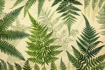 A botanical print of different types of ferns, showcasing their unique leaf shapes and intricate details.