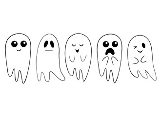 Funny cute Halloween hand drawn line art little ghosts set with different emotions that can be used for kids decor or clothes.