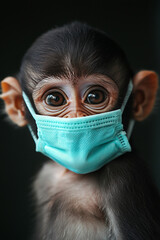 Colour photograph of a cute little monkey wearing a surgical mask