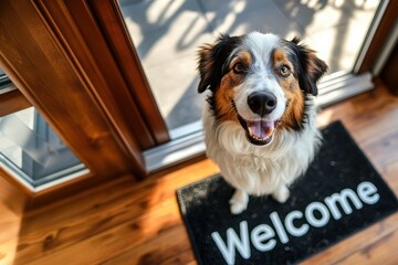 Closeup of a happy sheep dog smiling at the camera, standing on a black doormat or welcome mat with the text "Home" on a floor indoors, in a house interior. Doorway pet welcoming the guests