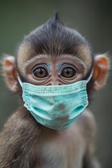 photograph of a cute little monkey wearing a surgical mask